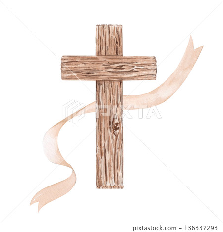 Wooden Christian cross with flowing linen ribbon, hand-painted watercolor isolated on white. Minimal religious clip art symbol, ideal for Lent designs, church stationery, invitations, faith projects 136337293