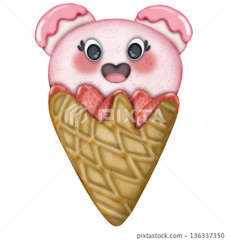 Ice cream fruit in waffle cone cartoon with Watercolor, Different face emotions. hand drawn Colored trendy illustration illustration. 136337350