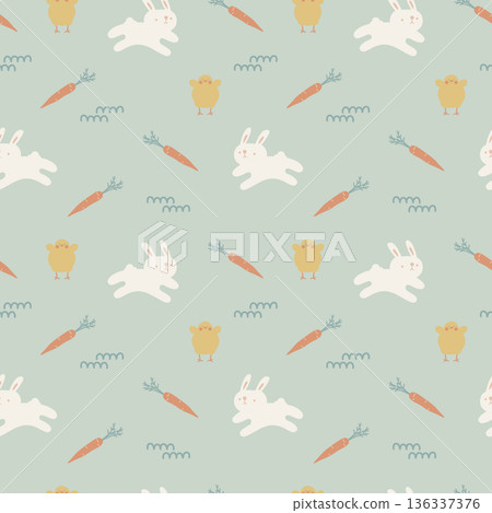 seamless minimal easter rabbit with carrot and chick repeat pattern background, flat jpg illustration graphic design 136337376