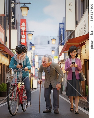 描繪騎車和走路時使用智慧型手機的危險性。人工智慧圖像用於宣傳道路禮儀，由老年人觀看。 136337409