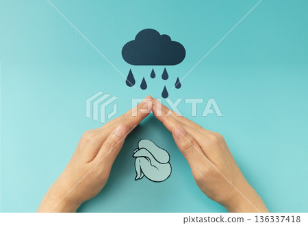 Mind, Mental Health Concepts. Hand protecting paper cut as Anxiety, Stressed Women 136337418