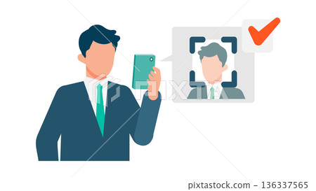 Illustration of a businessman verifying his identity using facial recognition on a smartphone Illustration of a businessman verifying his identity using facial recognition on a smartphone 136337565