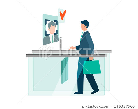 一位商務人士透過人臉辨識安全門的示意圖 136337566