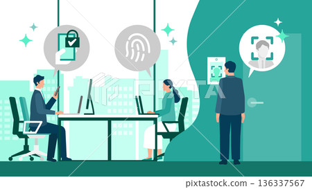 Illustration of a full view of an office floor equipped with facial recognition, fingerprint recognition, and smartphone authentication 136337567