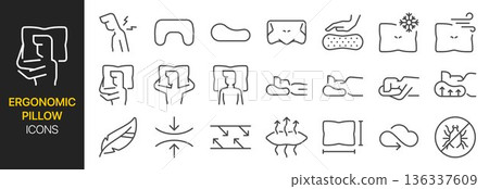 Ergonomic Pillow icon set. It included sleep, quality, orthopedic pillow, memory foam, sleeping, and more icons.  136337609