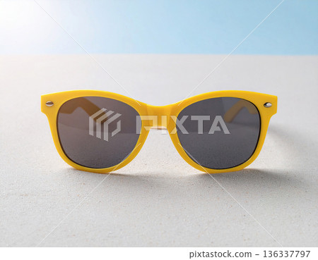 Travel in vacation and travel. Stylish yellow sunglasses on a sandy beach. 136337797