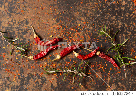 Dried Red Chilies With Spices On Rustic Table For Food Photography 136337849