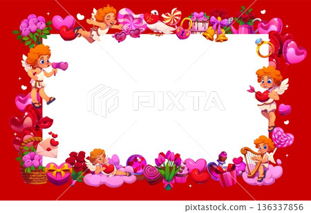 Valentines Day greeting card frame with cartoon Cupid angels characters, love hearts and romantic holiday gifts vector borders. Valentines Day heart balloons, chocolate sweets, flowers, wedding ring Valentines Day greeting card frame with cartoon Cupid angels characters, love hearts and romantic holiday gifts vector borders. Valentines Day heart balloons, chocolate sweets, flowers, wedding ring 136337856