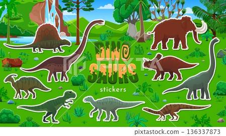 Prehistoric dinosaur characters, dino stickers pack. Jurassic era reptile vector stickers, paleontology animal patch of Parasaurolophus, Iguanodon, Centrosaurus and Dimetrodon, Brachiosaurus, Mammoth 136337873