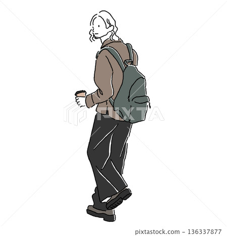 休閒時尚彩色插畫,描繪了一位背著背包、手拿咖啡杯的男士行走的情景。 休閒時尚彩色插畫,描繪了一位背著背包、手拿咖啡杯的男士行走的情景。 136337877