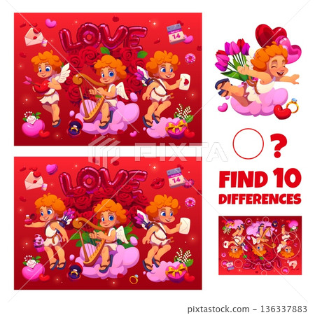 Find the ten differences of valentine cherub cupids. Cartoon vector love puzzle game featuring three angels surrounded by roses and hearts. Kids romantic challenge worksheet to spot 10 differences Find the ten differences of valentine cherub cupids. Cartoon vector love puzzle game featuring three angels surrounded by roses and hearts. Kids romantic challenge worksheet to spot 10 differences 136337883