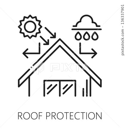 Cottage house roof protection installation line icon or pictogram. Home exterior repair service icon, house insulation maintenance company outline vector sign. Roof construction business pictogram 136337901