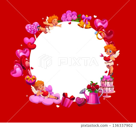Valentines Day round banner with vector frame of cartoon Cupid characters and love holiday romantic gifts. Valentines Day greeting card of heart balloons, gift boxes and roses, diamond ring and sweets Valentines Day round banner with vector frame of cartoon Cupid characters and love holiday romantic gifts. Valentines Day greeting card of heart balloons, gift boxes and roses, diamond ring and sweets 136337902