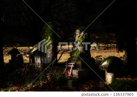 Old stone monuments and statues at a shrine illuminated by sunlight filtering through the trees Old stone monuments and statues at a shrine illuminated by sunlight filtering through the trees 136337905