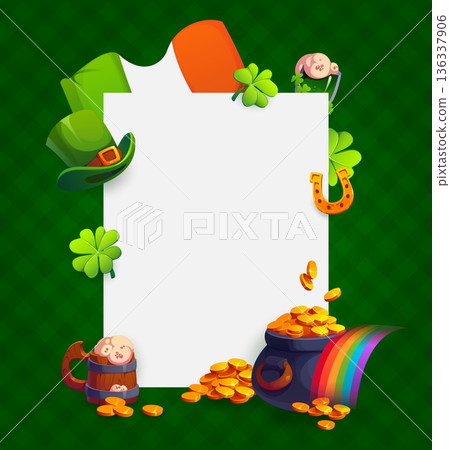 Happy St Patrick day banner featuring leprechaun hat, Irish flag, clovers, pot of gold, horseshoe, beer tankard and rainbow lucky symbols on green festive background. Cartoon vector frame template 136337906