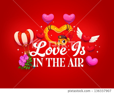 Happy valentine day love is in the air quote. Cartoon vector greeting card featuring playful cute snake character in Chinese attire flying on balloons among winged hearts, flowers and hot air balloon Happy valentine day love is in the air quote. Cartoon vector greeting card featuring playful cute snake character in Chinese attire flying on balloons among winged hearts, flowers and hot air balloon 136337907