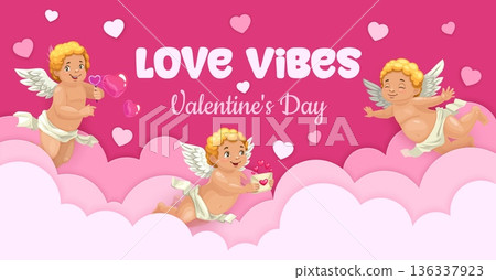 Paper cut Valentine day banner with cherub cupids. Vector greeting showcasing cute lovely angel characters with hearts flying in pink cloudy 3d background, exude love and romance for celebrations 136337923