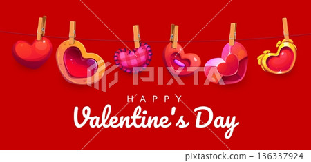 Clothespins with Valentine day love hearts. Cartoon glossy hearts hanging on a red string with wooden clips. Romantic Holiday vector greeting card with bright red background and festive lettering 136337924