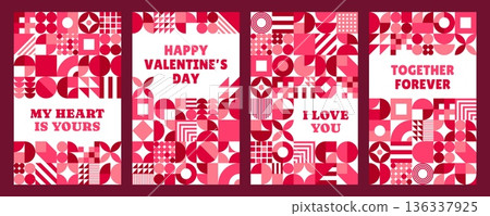 Valentine day posters and greeting cards with geometric pattern, abstract vector. Happy Valentine Day holiday posters with love quotes and geometric patterns of hearts and mosaic pink shapes design 136337925