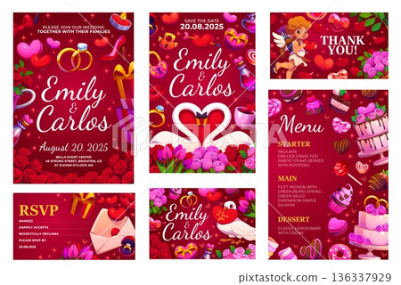Wedding invitations set with rsvp, holiday menu, flyer and greetings. Save the Date vector invitations with cartoon Cupid, hearts, bow and arrows, gifts, flowers and wedding rings frame borders Wedding invitations set with rsvp, holiday menu, flyer and greetings. Save the Date vector invitations with cartoon Cupid, hearts, bow and arrows, gifts, flowers and wedding rings frame borders 136337929