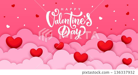 Paper cut Valentine day banner with sky clouds and hearts on pink background. 3d vector festive, romantic, love greeting card with scattered small red hearts and holiday lettering in white at the top 136337932