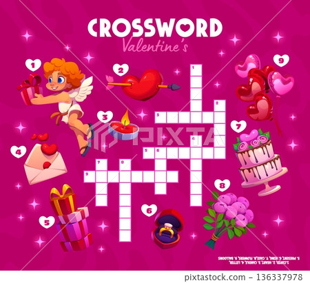 Crossword quiz game grid with Valentine Day objects. Love holiday word puzzle vector worksheet with cartoon pierced heart, gifts, balloons and flowers, Cupid character, Valentines crossword quiz game Crossword quiz game grid with Valentine Day objects. Love holiday word puzzle vector worksheet with cartoon pierced heart, gifts, balloons and flowers, Cupid character, Valentines crossword quiz game 136337978