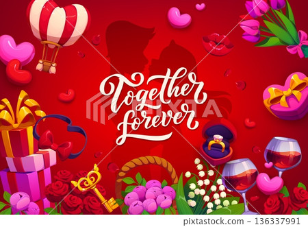 Happy Valentine Day together forever quote greeting card vector typography. Valentine Day love holiday card with couple silhouette and romantic quote phrase in cartoon frame of gifts, roses, balloons 136337991