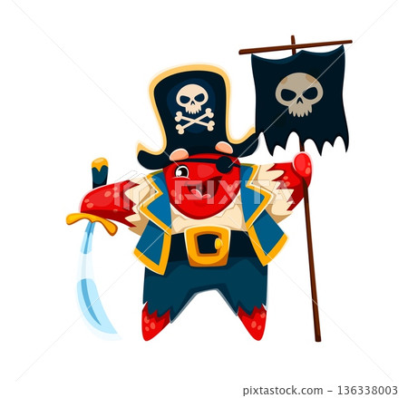 Starfish animal pirate vector character with eye patch. Cartoon corsair wearing a black tricorn hat with skull and golden trim, holds a cutlass and black pirate flag with skull for kids birthday party 136338003