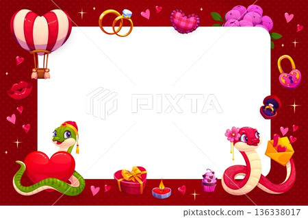 Valentine Day greetings or wedding invitation vector template. Love holiday cartoon background frame of cute snake characters, love hearts and letter, romantic gift box, rose flowers and wedding rings Valentine Day greetings or wedding invitation vector template. Love holiday cartoon background frame of cute snake characters, love hearts and letter, romantic gift box, rose flowers and wedding rings 136338017