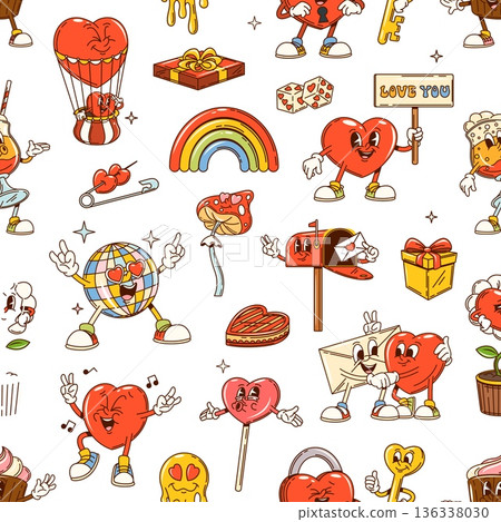 Groovy Valentine love characters seamless pattern. Cartoon retro hearts personages vector background with funny y2k Valentine Day love holiday gifts. Vintage groovy hearts, flowers and cakes pattern Groovy Valentine love characters seamless pattern. Cartoon retro hearts personages vector background with funny y2k Valentine Day love holiday gifts. Vintage groovy hearts, flowers and cakes pattern 136338030
