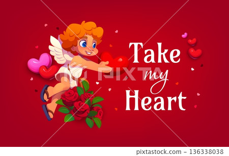 Take my heart Valentines Day holiday quote with cute Cupid character. Cartoon cute cherub Cupid angel with love hearts and rose flowers vector typography. Valentines Day romantic quote greeting card Take my heart Valentines Day holiday quote with cute Cupid character. Cartoon cute cherub Cupid angel with love hearts and rose flowers vector typography. Valentines Day romantic quote greeting card 136338038