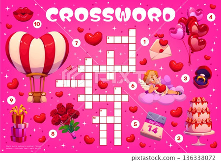 Valentine Day holiday crossword quiz game grid with cartoon love hearts, gifts and Cupid character. Vector word search puzzle quiz, crossword game worksheet with heart balloons, flowers, love letter 136338072