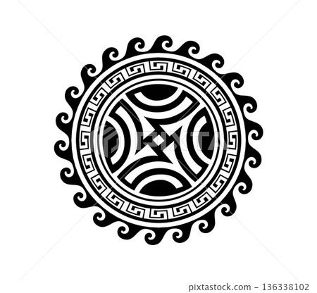 Maori sun medallion tribe graphic black tattoo or symbol. Polynesian ethnic graphic symbol, Samoan tribe folk decoration. Maori warrior abstract tattoo 136338102