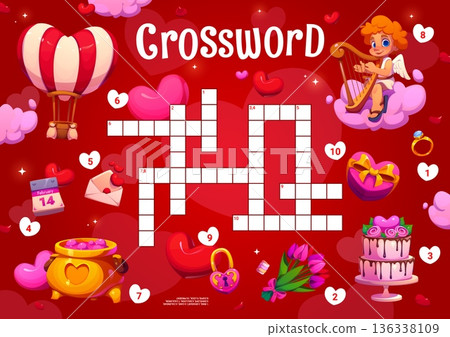 Happy Valentine day crossword quiz game grid with hearts, cupid, roses, rings, and chocolates on red background. Cartoon vector romantic festive worksheet riddle for fun learning and kids activities 136338109