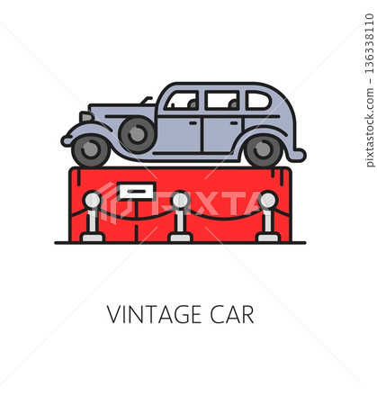 Museum art gallery and exhibition color line icon of vintage car on pedestal, vector pictogram. Museum exhibit showcase icon of retro cars or antique automotive industry and vintage automobiles 136338110