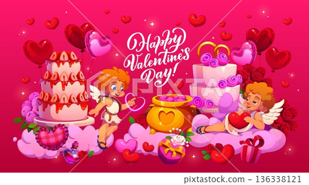 Happy Valentine Day greeting card of cartoon Cupid cherubs on clouds with love holiday romantic gifts. Valentine Day vector love card of cute Cupids, heart balloons, flowers and happy holiday greeting Happy Valentine Day greeting card of cartoon Cupid cherubs on clouds with love holiday romantic gifts. Valentine Day vector love card of cute Cupids, heart balloons, flowers and happy holiday greeting 136338121