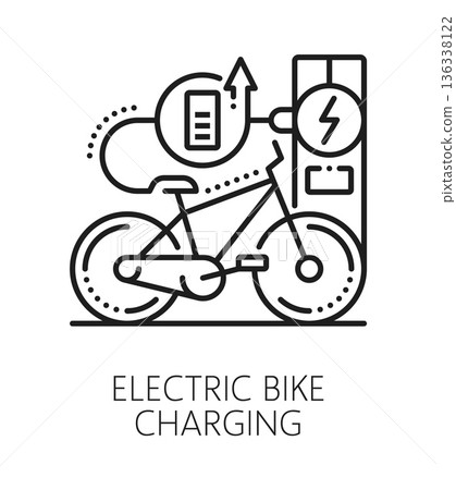 Electric bicycle charging service line icon or pictogram. Public transportation and cycling outline vector pictogram. Electric bicycle charging or rental service icon with charging station and battery 136338122