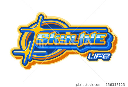 Y2k streetwear skyline life vintage label or icon. Streetwear futuristic vintage cool icon, apparel graphic Y2K vector sticker. Clothing label with metallic blue and yellow typography, stars sparks 136338123