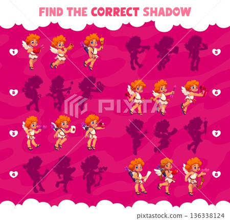 Find the correct shadow of Valentines cherub Cupid characters game quiz worksheet. Vector puzzle of Valentine Day love holiday cartoon cherubs with hearts, arrows, gift box and letter, kids match game 136338124