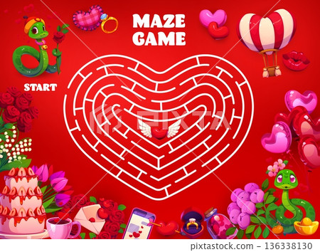 Valentine day labyrinth maze game with snakes and heart. Vector romantic riddle for children activities with tangled path, cartoon cute snake holding a rose trying to reach a winged heart in center Valentine day labyrinth maze game with snakes and heart. Vector romantic riddle for children activities with tangled path, cartoon cute snake holding a rose trying to reach a winged heart in center 136338130