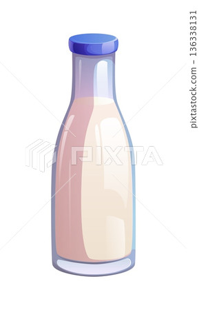 Cartoon traditional milk drink bottle with blue lid and glossy surface. Milk dairy product from cow and goat. Vector glass container with farm milk or yogurt for kids and breakfast. Lactose free drink Cartoon traditional milk drink bottle with blue lid and glossy surface. Milk dairy product from cow and goat. Vector glass container with farm milk or yogurt for kids and breakfast. Lactose free drink 136338131