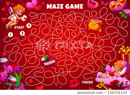 Labyrinth maze game with holiday cherubs. Cartoon vector valentine day puzzle worksheet with cupid holding a love letter, winding path with finish point, heart shapes, sweets and romantic decorations 136338134