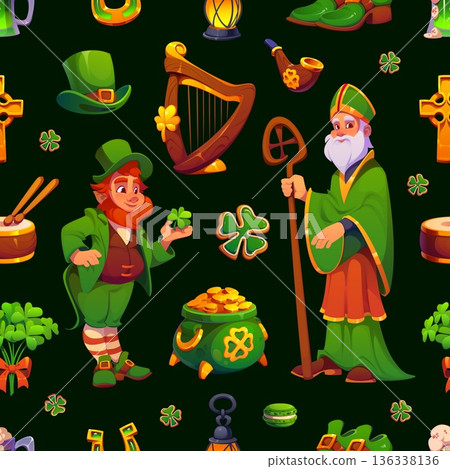 St Patrick Day characters on seamless pattern of leprechaun and shamrock clovers, vector background. Irish holiday pattern with Saint Patrick or Paddy character, golden coins pot and Celtic harp 136338136