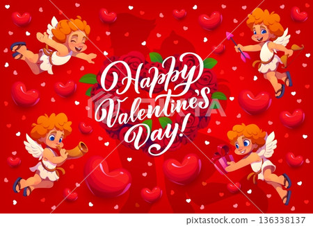 Happy Valentine day banner with couple silhouette, cherub cupids and red hearts, symbolizing affection emotions, romance and celebration. Vector festive and heartfelt greeting card for loving pairs 136338137