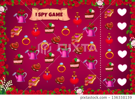 Valentine Day I spy game worksheet with cartoon love holiday romantic gifts, vector kid education activity. Valentines Day I spy game puzzle quiz, find and count love hearts, flowers, cakes and rings Valentine Day I spy game worksheet with cartoon love holiday romantic gifts, vector kid education activity. Valentines Day I spy game puzzle quiz, find and count love hearts, flowers, cakes and rings 136338139
