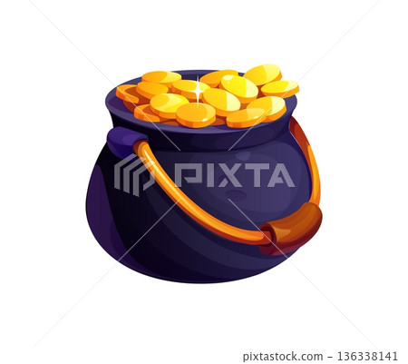 Leprechaun pot of gold, rounded kettle with orange brackets and pile of coins. Saint Patrick celebration vector object, vector cauldron with leprechaun treasure. Pot of gold Ireland holiday symbol Leprechaun pot of gold, rounded kettle with orange brackets and pile of coins. Saint Patrick celebration vector object, vector cauldron with leprechaun treasure. Pot of gold Ireland holiday symbol 136338141