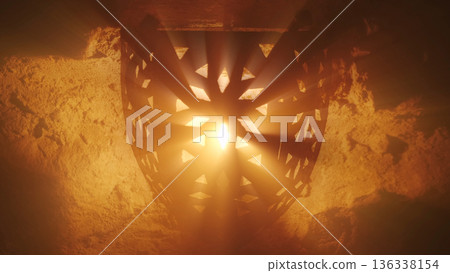 Old lantern with warm light rays in of old castle 136338154