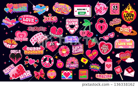Love y2k retro groovy stickers, Valentines patch labels with vector pink hearts, Cupid arrows, flowers and gifts. Valentines Day love holiday stickers of y2k heart emoji, hippie peace and kiss lips 136338162