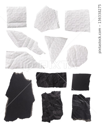 torn bubble wrap and black paper and carton pieces with textures, irregular shapes, and rough teared torn bubble wrap and black paper and carton pieces with textures, irregular shapes, and rough teared 136338275