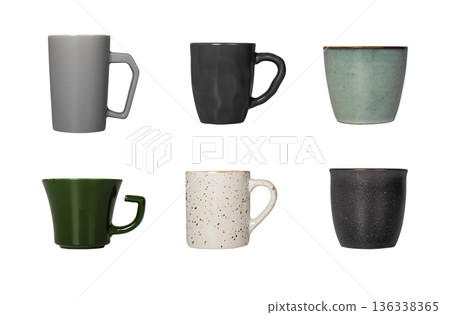 Set of ceramic cups and mugs with different shapes, colors, and surface textures, set. Drinkware Set of ceramic cups and mugs with different shapes, colors, and surface textures, set. Drinkware 136338365